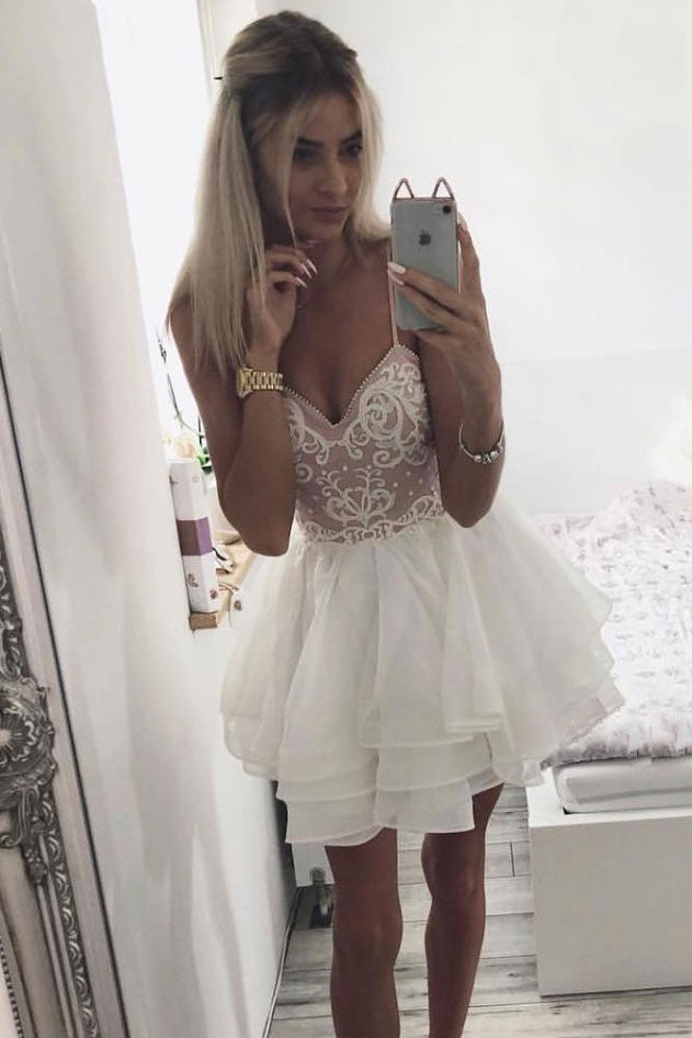 White sweetheart neck lace short prom ...